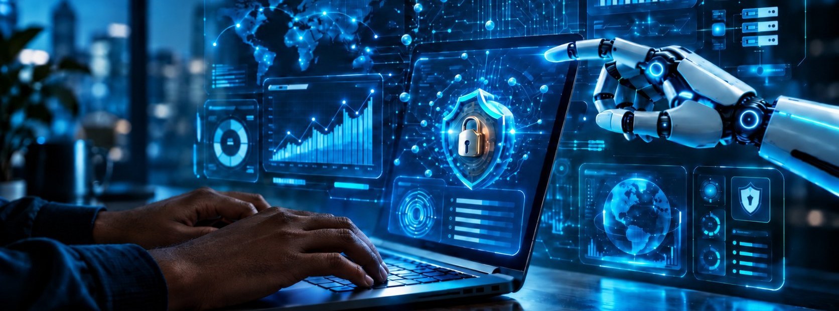Cybersecurity artwork: laptop with holographic security dashboards, robot hand, and shield with padlock